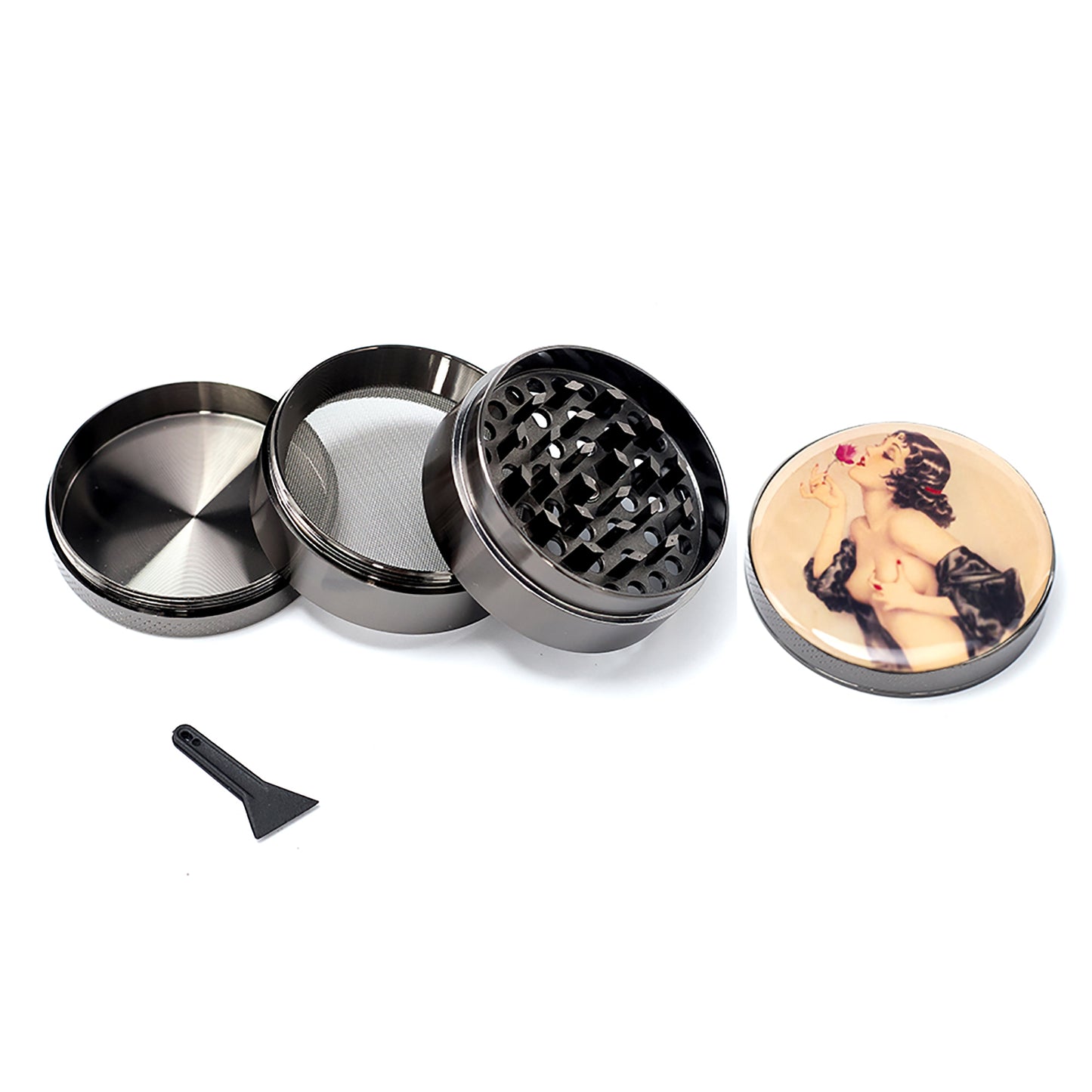Pin Up Girl Herb Grinder - Large Grinder 2.2" Wide 4 Part Grinder with Pollen Catcher Titanium Grinder for herbs - SookuDesign Gift Box