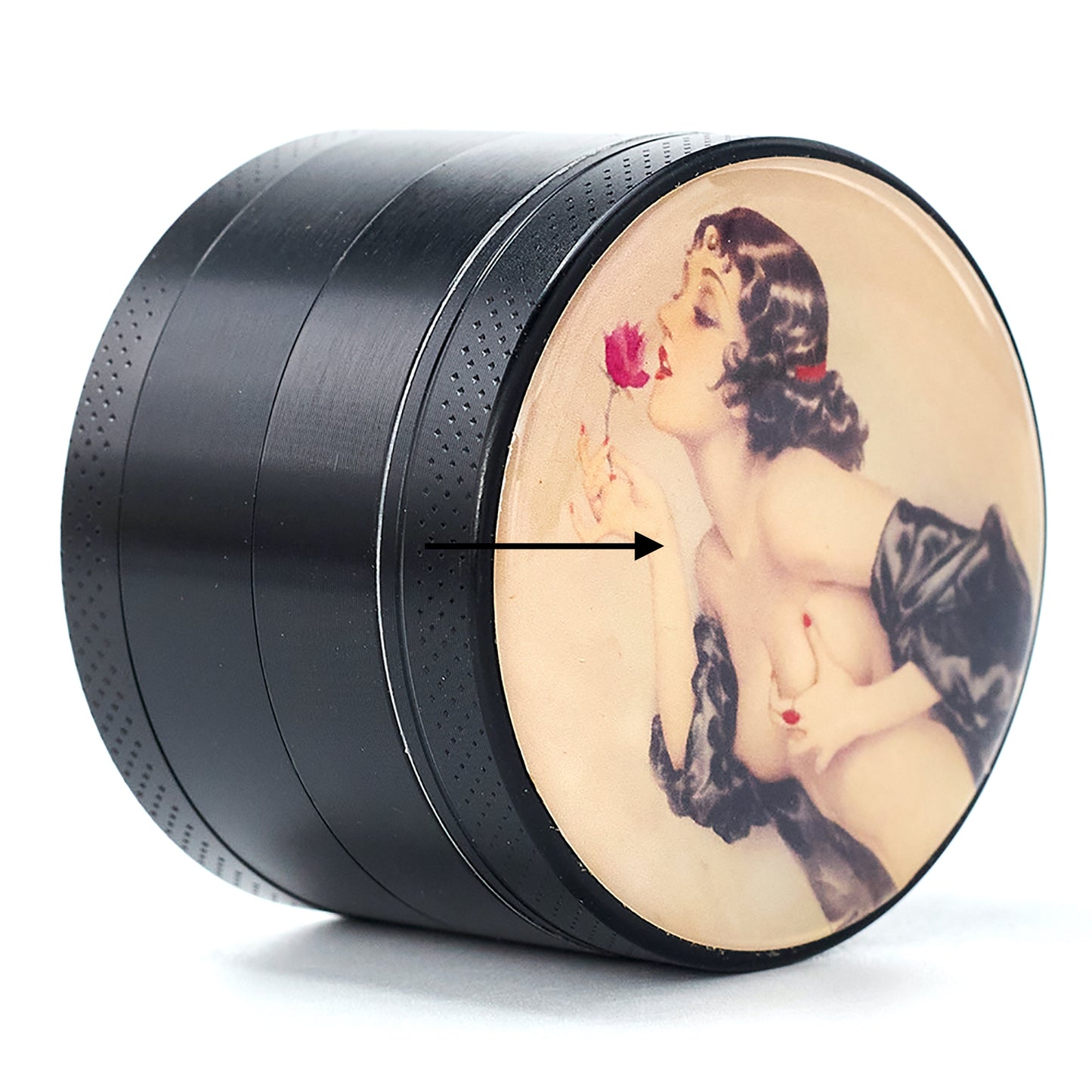 Black Pin Up Girl Herb Grinder - Large Grinder 2.2" Wide 4 Part Grinder with Pollen Catcher Titanium Grinder for herbs - SookuDesign Gift Box