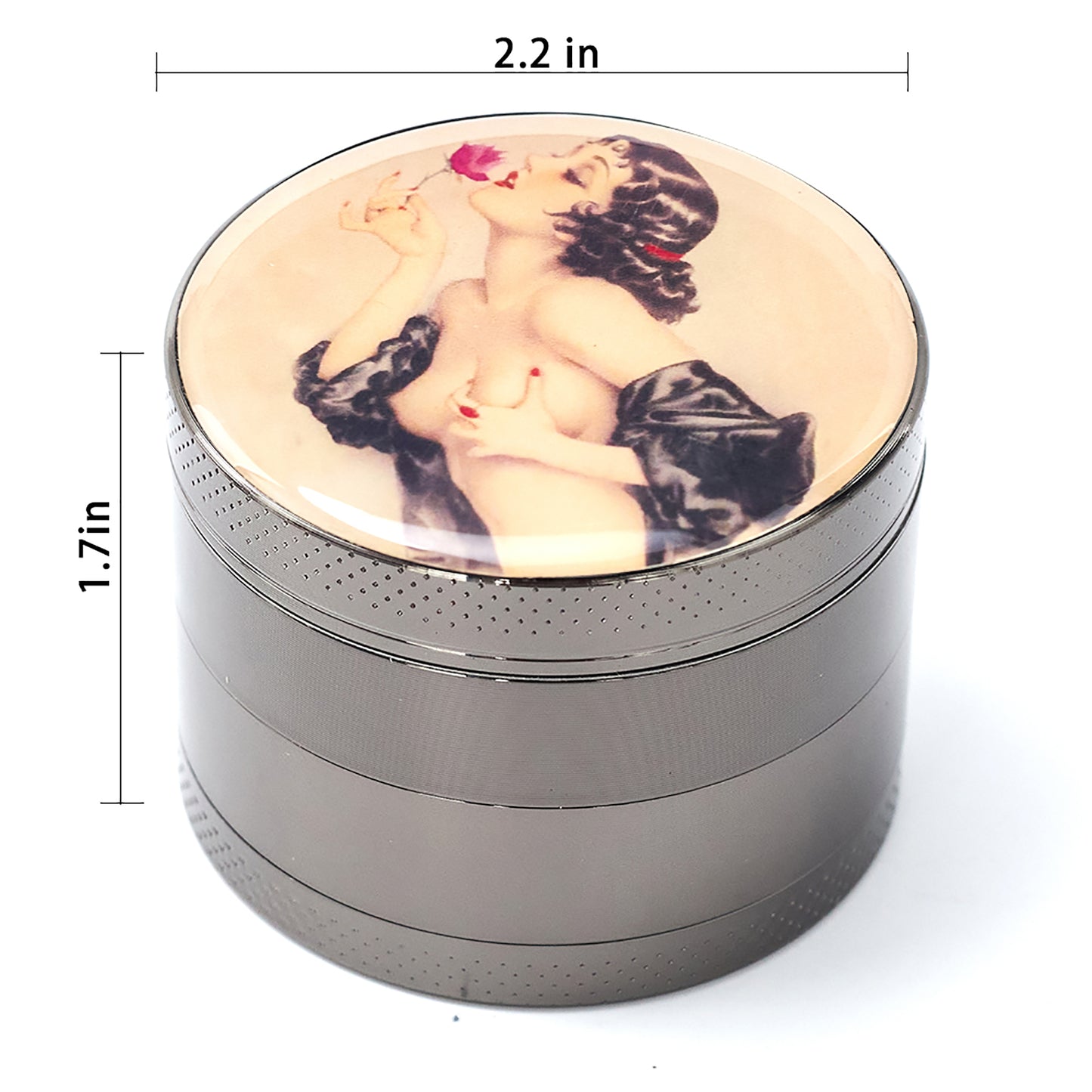 Pin Up Girl Herb Grinder - Large Grinder 2.2" Wide 4 Part Grinder with Pollen Catcher Titanium Grinder for herbs - SookuDesign Gift Box