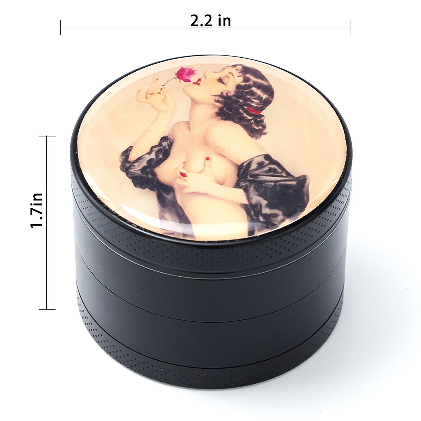 Black Pin Up Girl Herb Grinder - Large Grinder 2.2" Wide 4 Part Grinder with Pollen Catcher Titanium Grinder for herbs - SookuDesign Gift Box