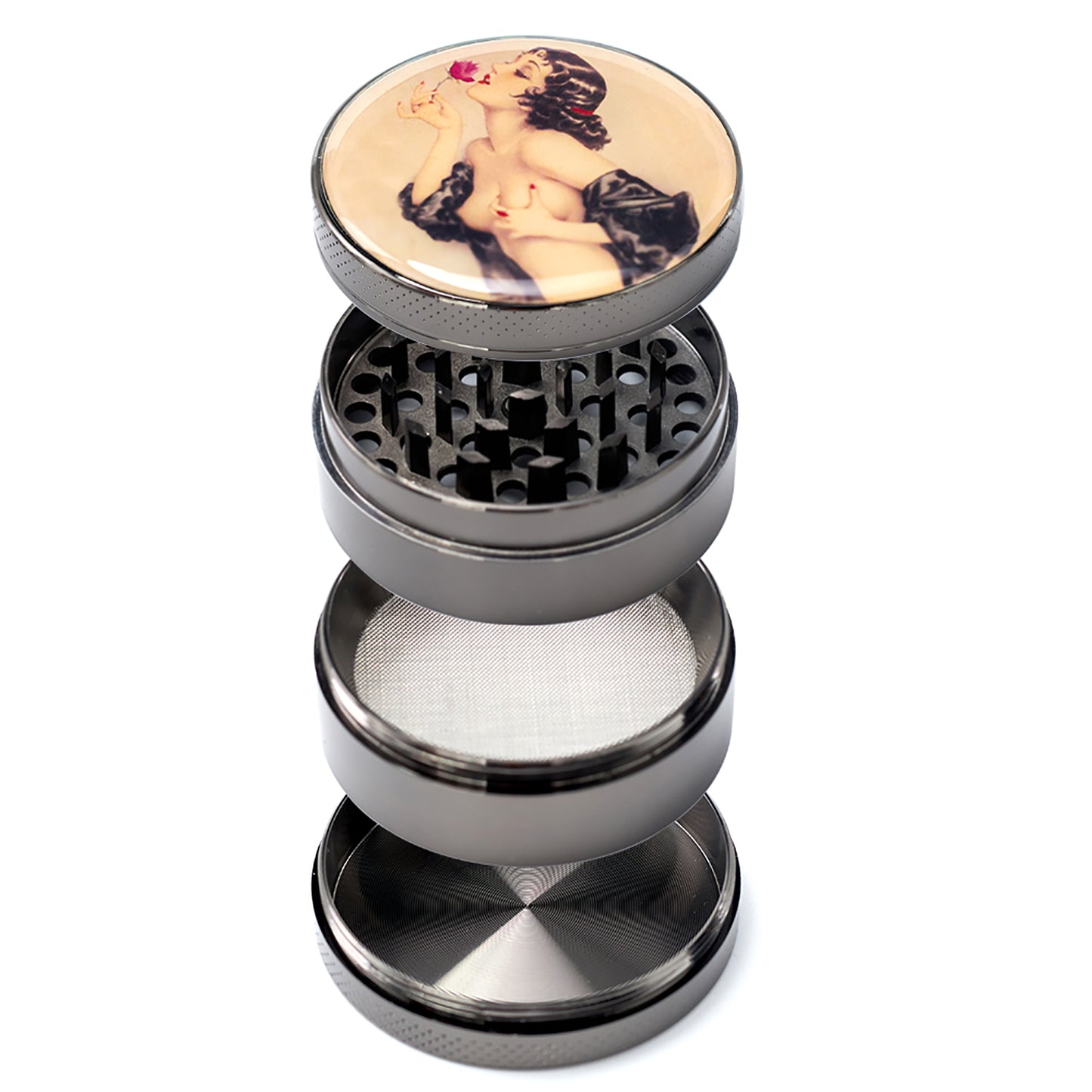 Pin Up Girl Herb Grinder - Large Grinder 2.2" Wide 4 Part Grinder with Pollen Catcher Titanium Grinder for herbs - SookuDesign Gift Box