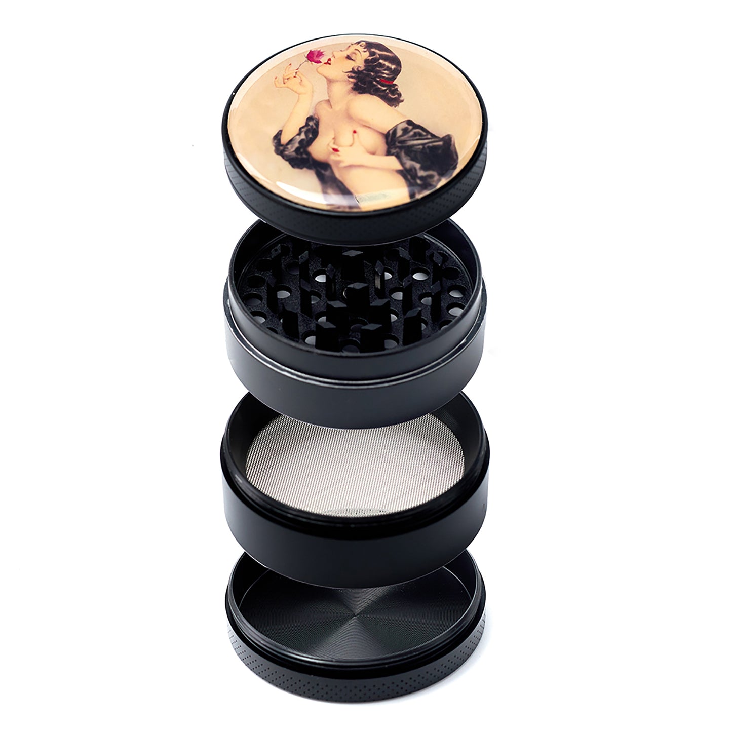 Black Pin Up Girl Herb Grinder - Large Grinder 2.2" Wide 4 Part Grinder with Pollen Catcher Titanium Grinder for herbs - SookuDesign Gift Box