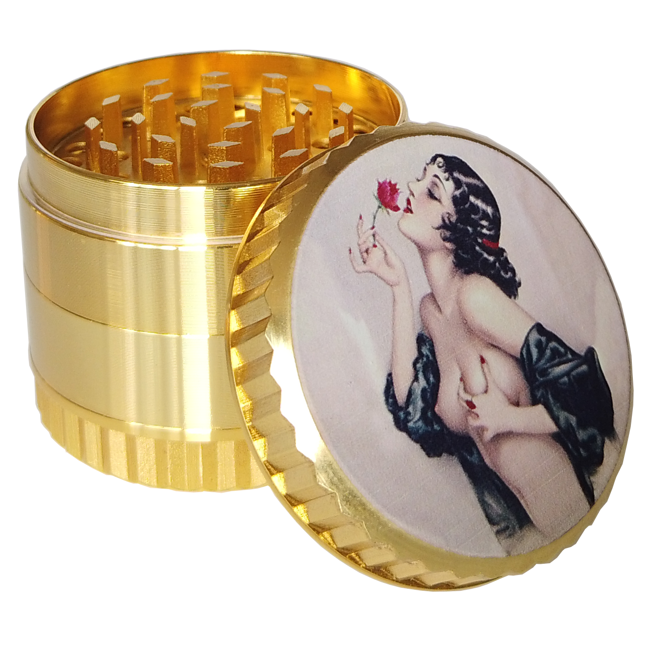 Golden Pin Up Girl Herb Grinder - Large Grinder 2.2" Wide 4 Part Grinder with Pollen Catcher Titanium Grinder for herbs - SookuDesign Gift Box