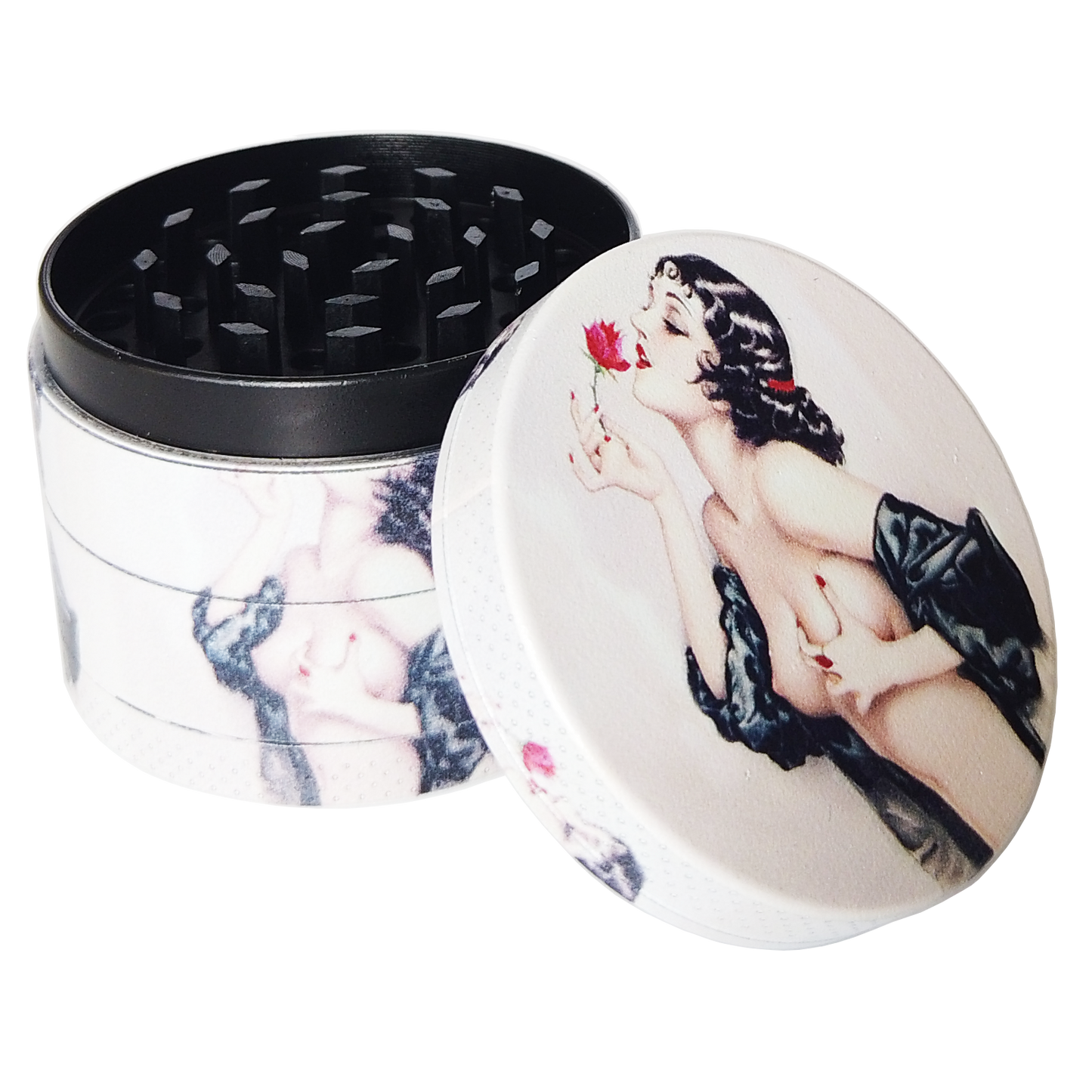 Pin Up Girl Herb Grinder - Large Grinder 2.2" Wide 4 Part Grinder with Pollen Catcher Titanium Grinder for herbs - SookuDesign Gift Box