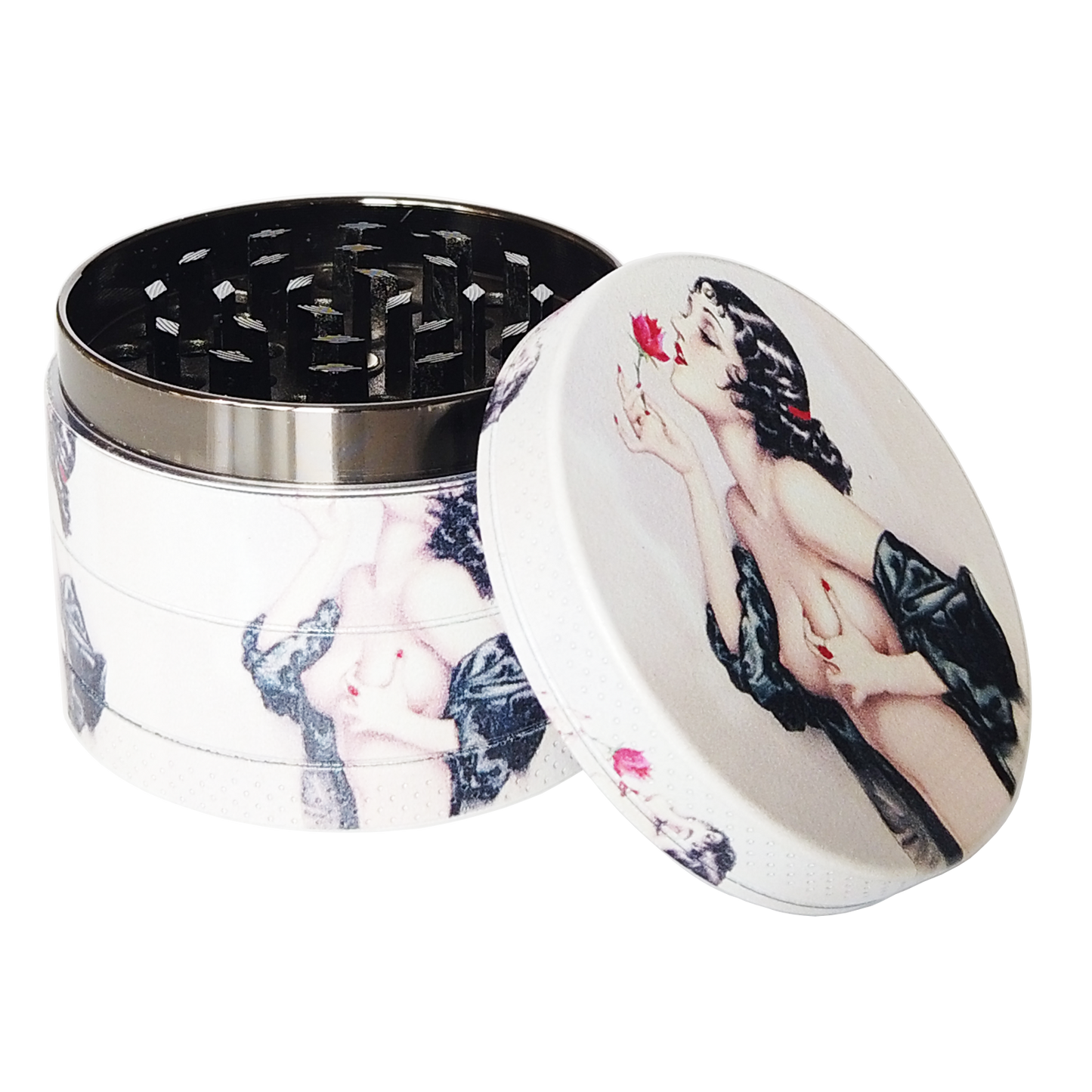 Pin Up Girl Herb Grinder - Large Grinder 2.2" Wide 4 Part Grinder with Pollen Catcher Titanium Grinder for herbs - SookuDesign Gift Box