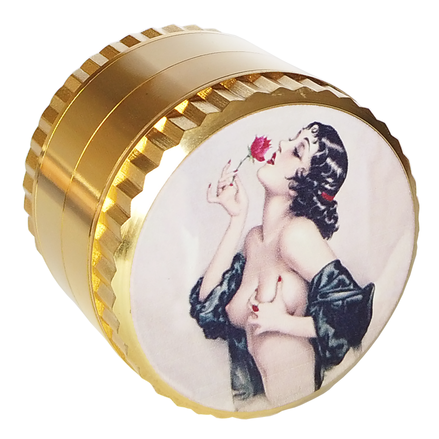 Golden Pin Up Girl Herb Grinder - Large Grinder 2.2" Wide 4 Part Grinder with Pollen Catcher Titanium Grinder for herbs - SookuDesign Gift Box